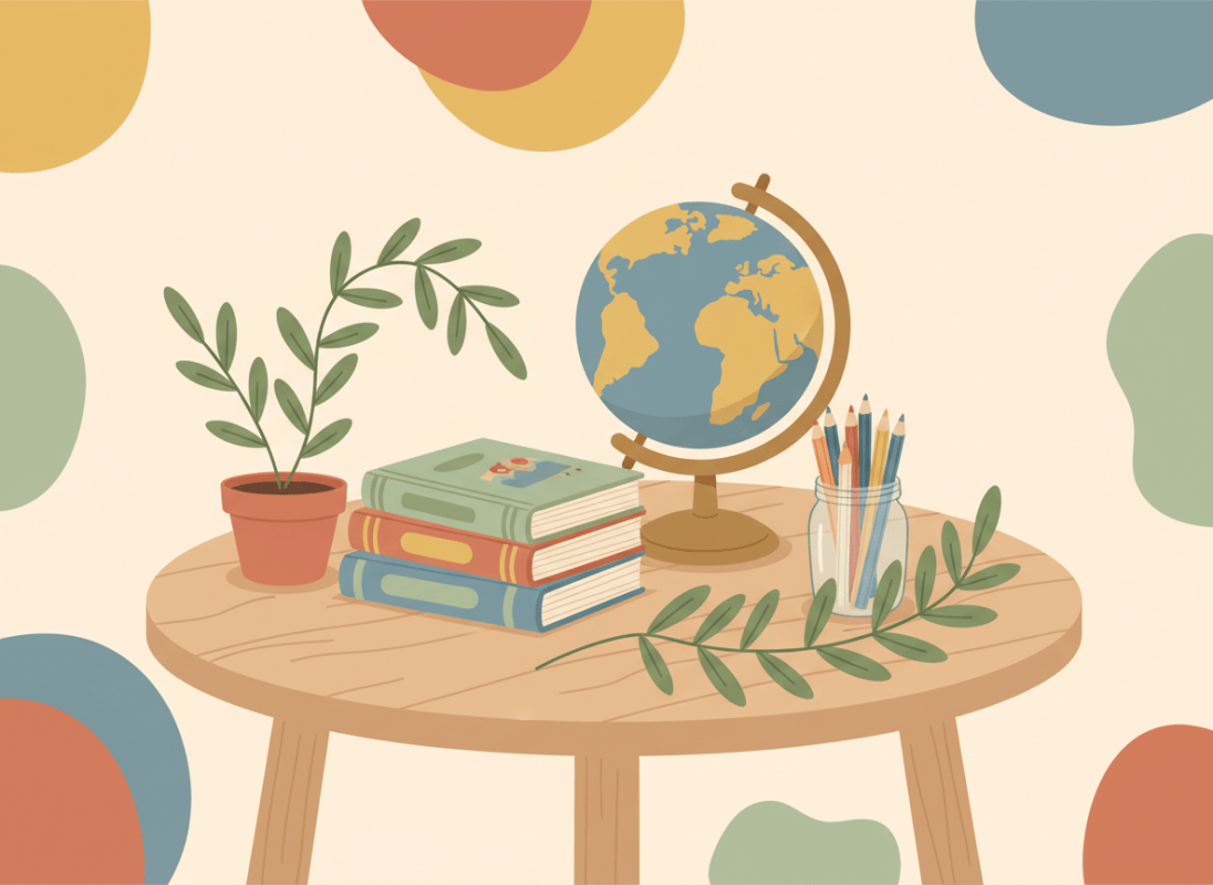 Bright, cheerful illustration of a cozy homeschool table with stacked picture books, a globe, colored pencils, a potted plant and a leafy branch, warm cream background with honey yellow, terracotta, soft sage green and muted blue accents, flat illustrative style, no text